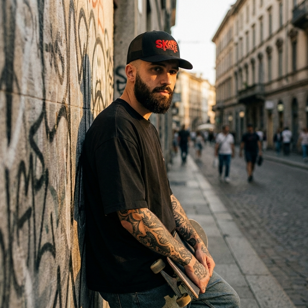 Casquette skate trucker crocodile portée en ville, look streetwear homme