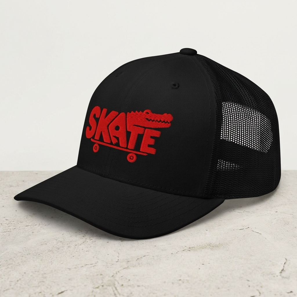 Casquette skate trucker noire vue trois-quarts, broderie crocodile rouge sur skateboard