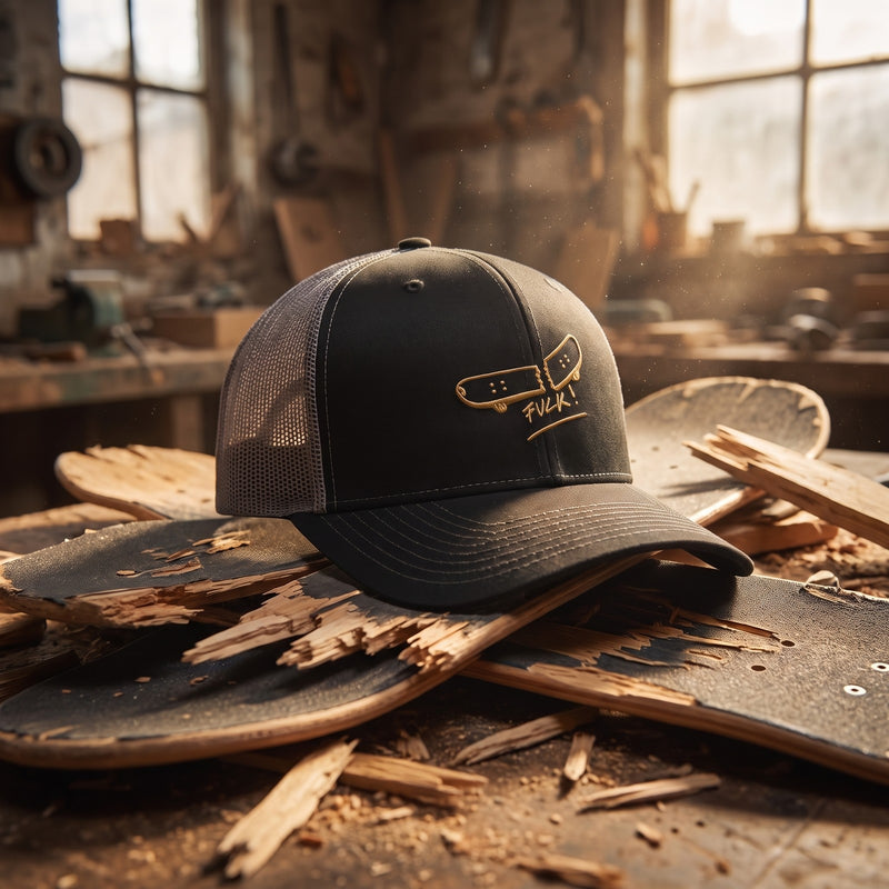 Casquette trucker noire brodée planche de skate cassée posée sur un tas de planches de skate cassées dans un atelier - CHT'M Boutique