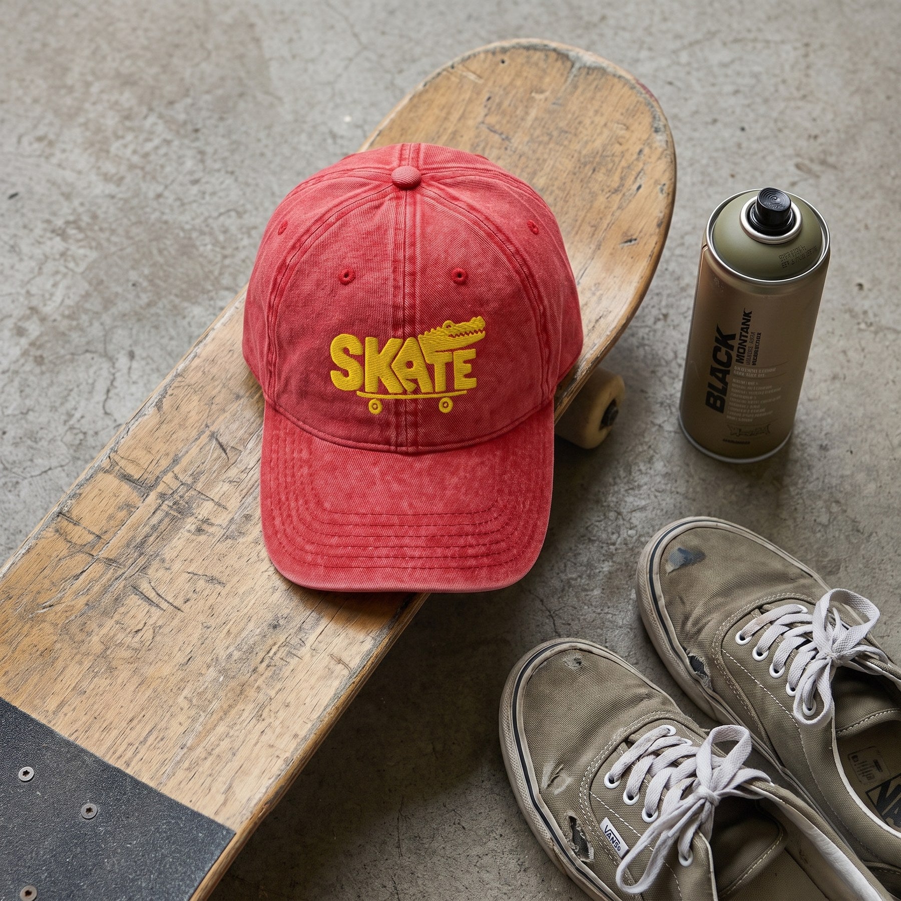 Casquette skate vintage rouge originale posée à plat sur un skateboard, flat lay streetwear