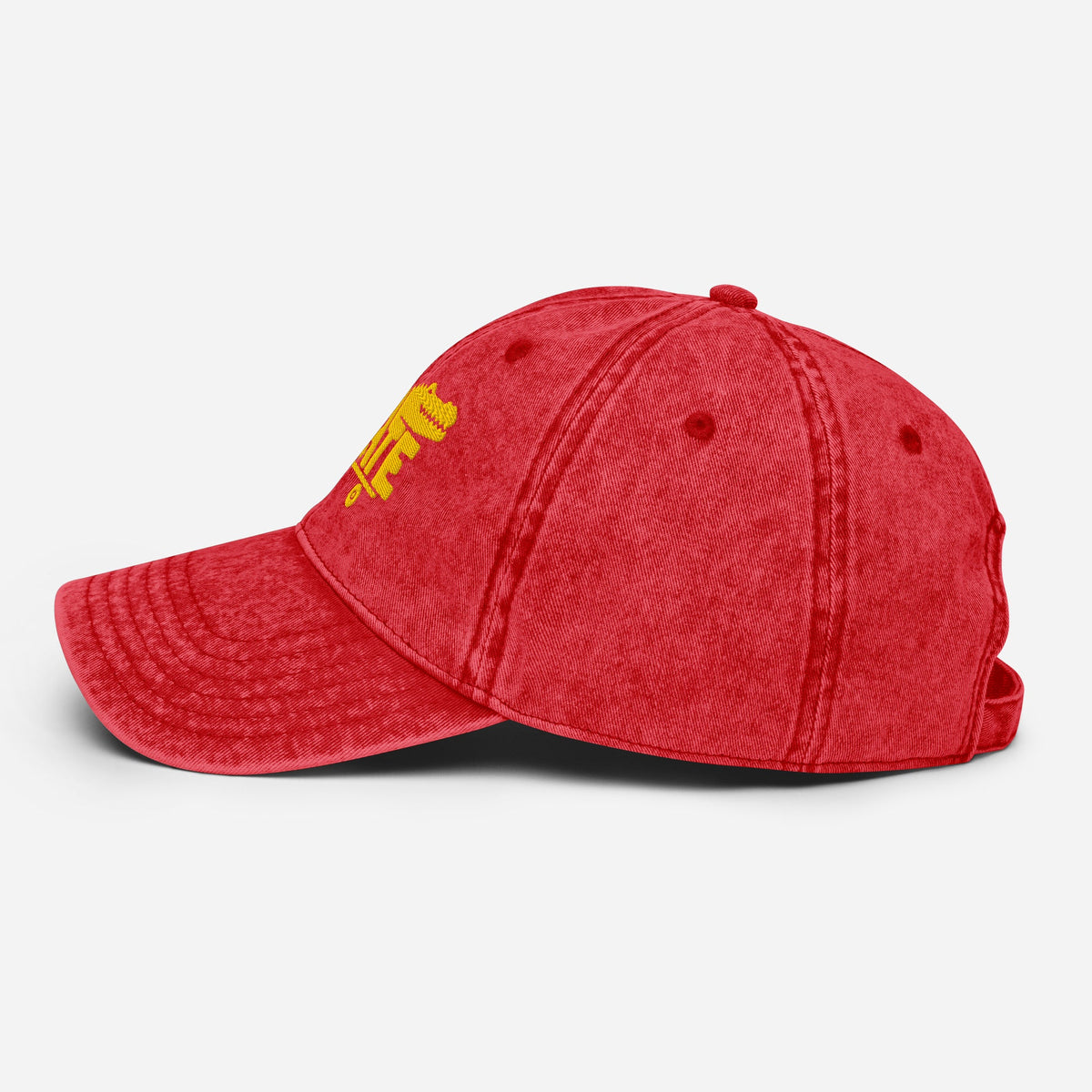 Casquette skate vintage rouge originale, profil gauche et visière courbée