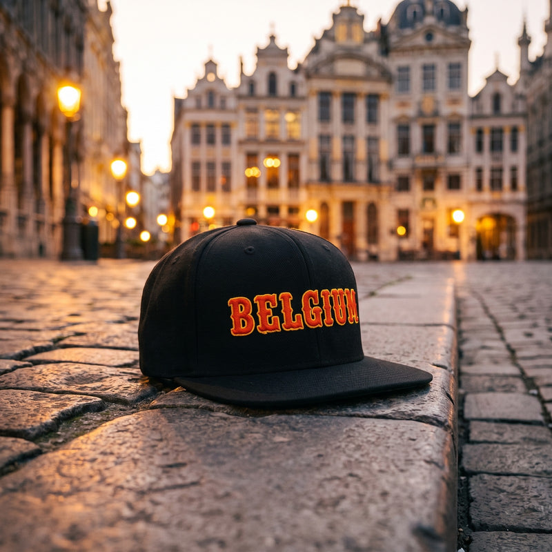 Casquette snapback noire brodée BELGIUM en orange cerné de rouge posée sur une marche pavée d'une place de Bruxelles avec des maisons de corporations floues au crépuscule - CHT'M Boutique