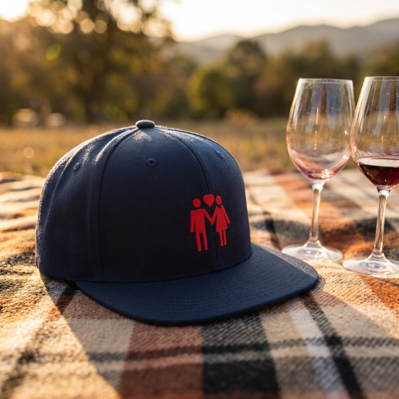 Casquette snapback bleu marine brodée d'un couple main dans la main en rouge sous un petit coeur posée sur un plaid de pique-nique au coucher du soleil à côté de deux verres de vin - CHT'M Boutique