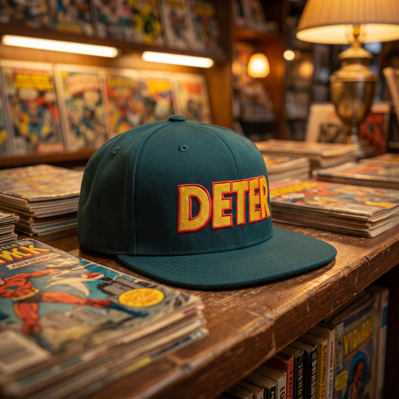 Casquette snapback vert foncé brodée DETER en jaune cerné de rouge, style comics posée sur le comptoir d'une boutique de comics à côté de piles de BD sous une lumière chaude - CHT'M Boutique