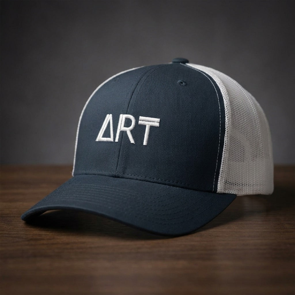 Casquette trucker ART bleu marine et blanc avec logo triangle-A brodé - CHT'M Boutique