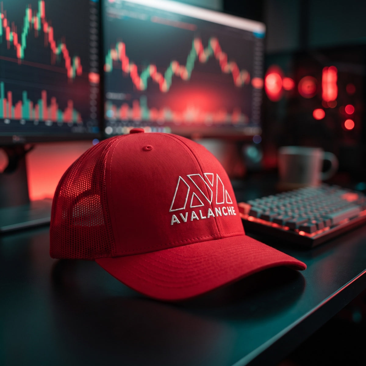 Casquette trucker AVAX Avalanche rouge avec logo brodé blanc et mot AVALANCHE, filet rouge, posée sur bois sombre