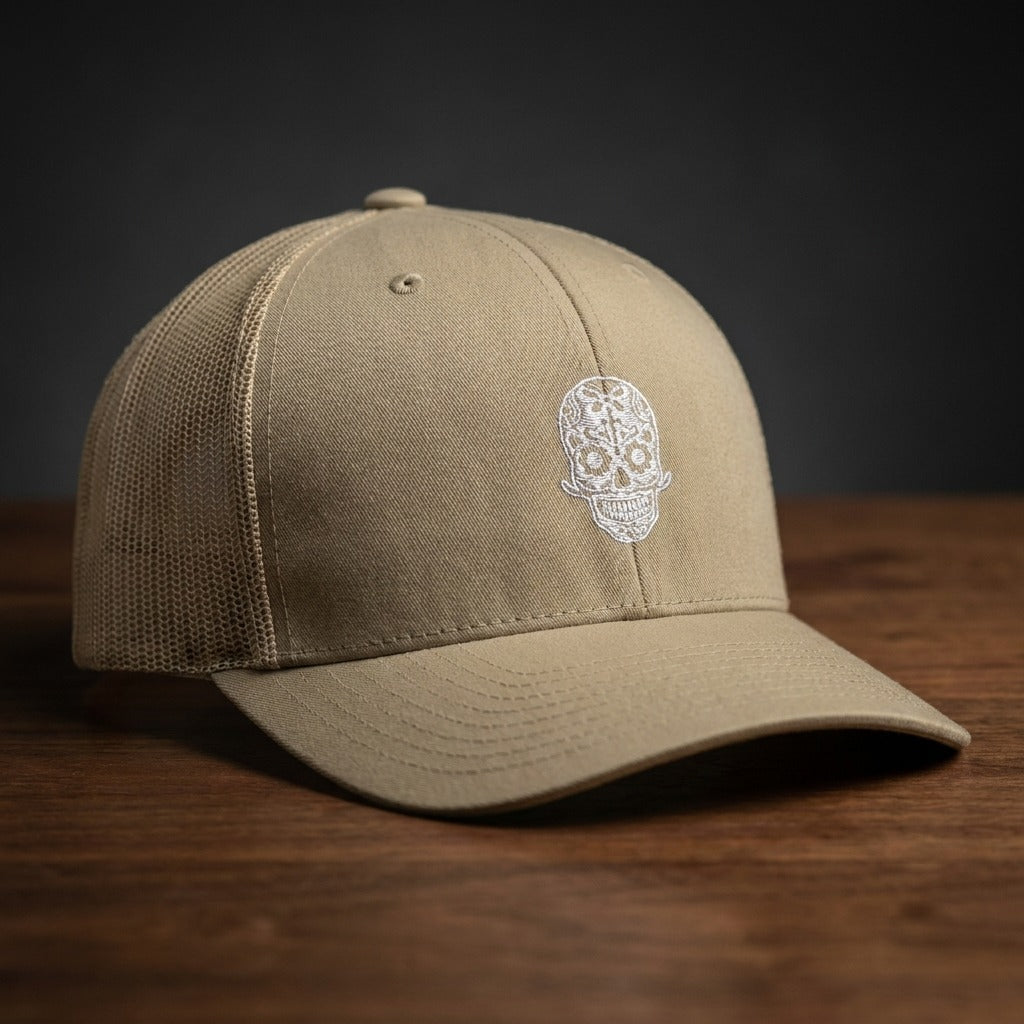 Casquette trucker calavera brodée blanche kaki - tête de mort mexicaine streetwear CHT'M Boutique