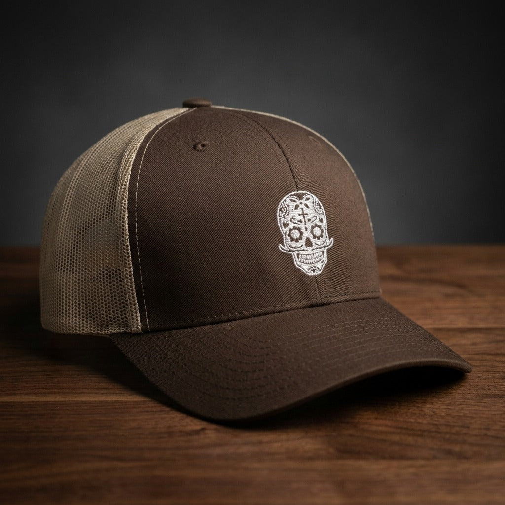 Casquette trucker calavera brodée blanche marron et kaki - tête de mort mexicaine streetwear CHT'M Boutique