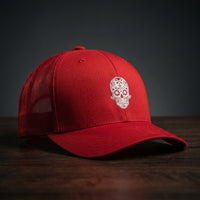 Casquette trucker calavera brodée blanche rouge - tête de mort mexicaine streetwear CHT'M Boutique