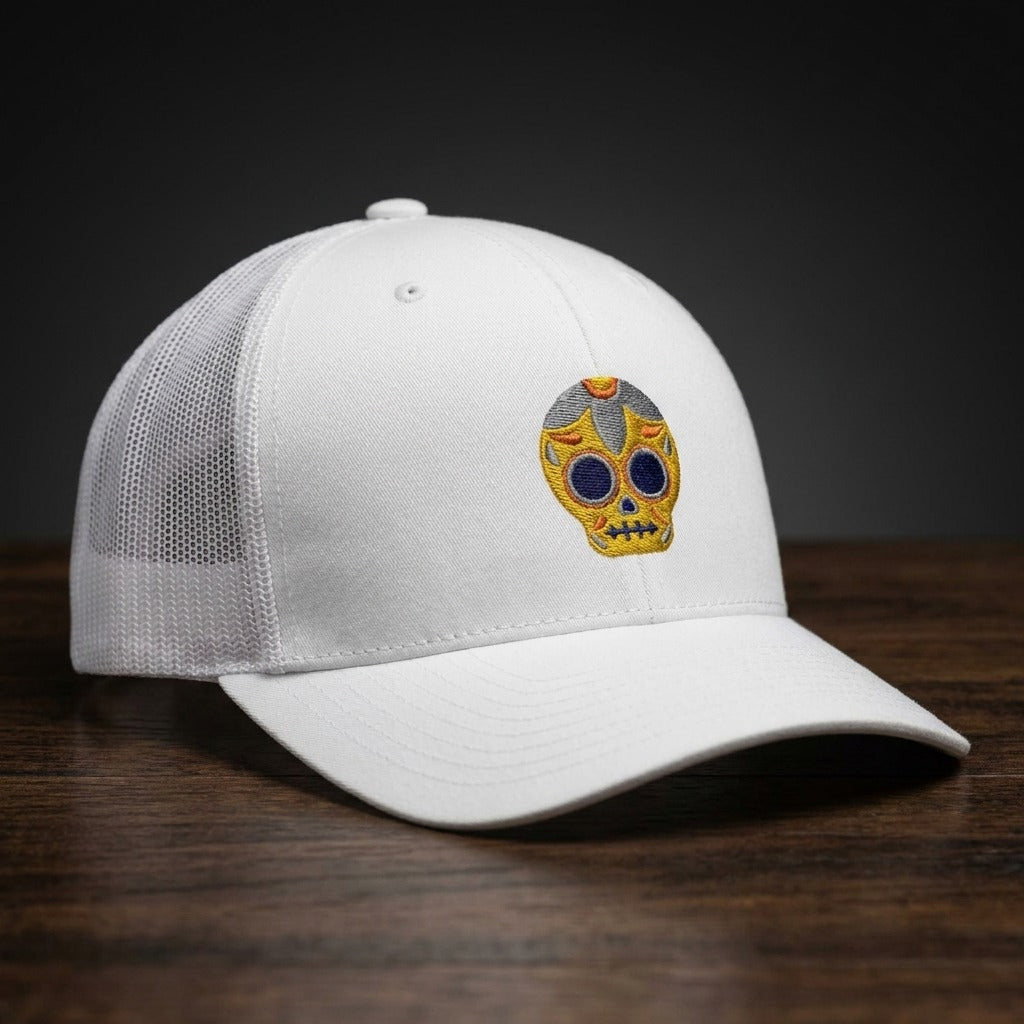Casquette trucker Calavera Dorée Blanc avec logo brodé tête de mort mexicaine dorée - CHT'M Boutique