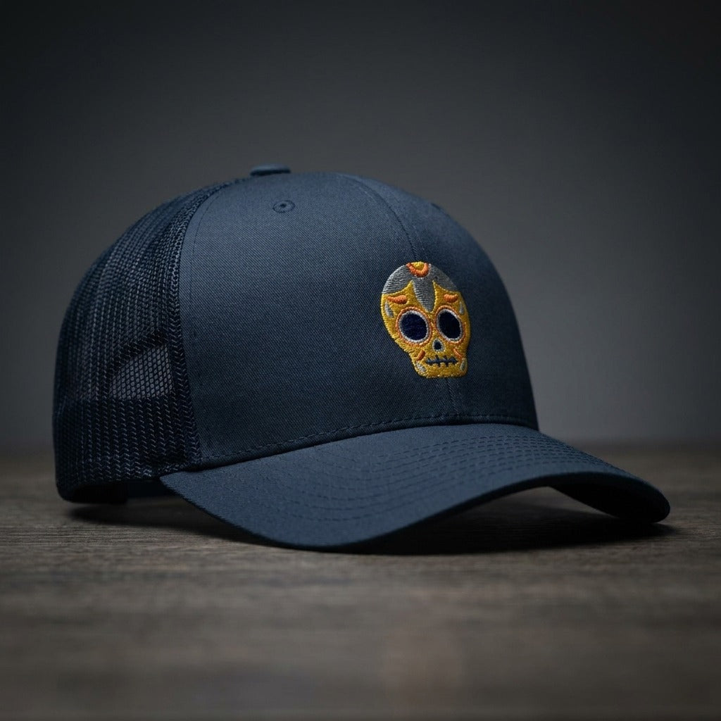 Casquette trucker Calavera Dorée Bleu marine avec logo brodé tête de mort mexicaine dorée - CHT'M Boutique
