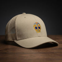 Casquette trucker Calavera Dorée Kaki avec logo brodé tête de mort mexicaine dorée - CHT'M Boutique