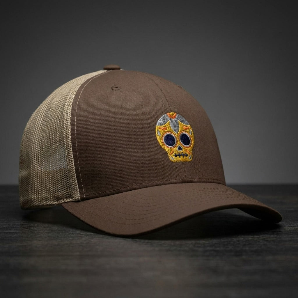 Casquette trucker Calavera Dorée Marron/Kaki avec logo brodé tête de mort mexicaine dorée - CHT'M Boutique