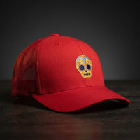 Casquette trucker Calavera Dorée Rouge avec logo brodé tête de mort mexicaine dorée - CHT'M Boutique