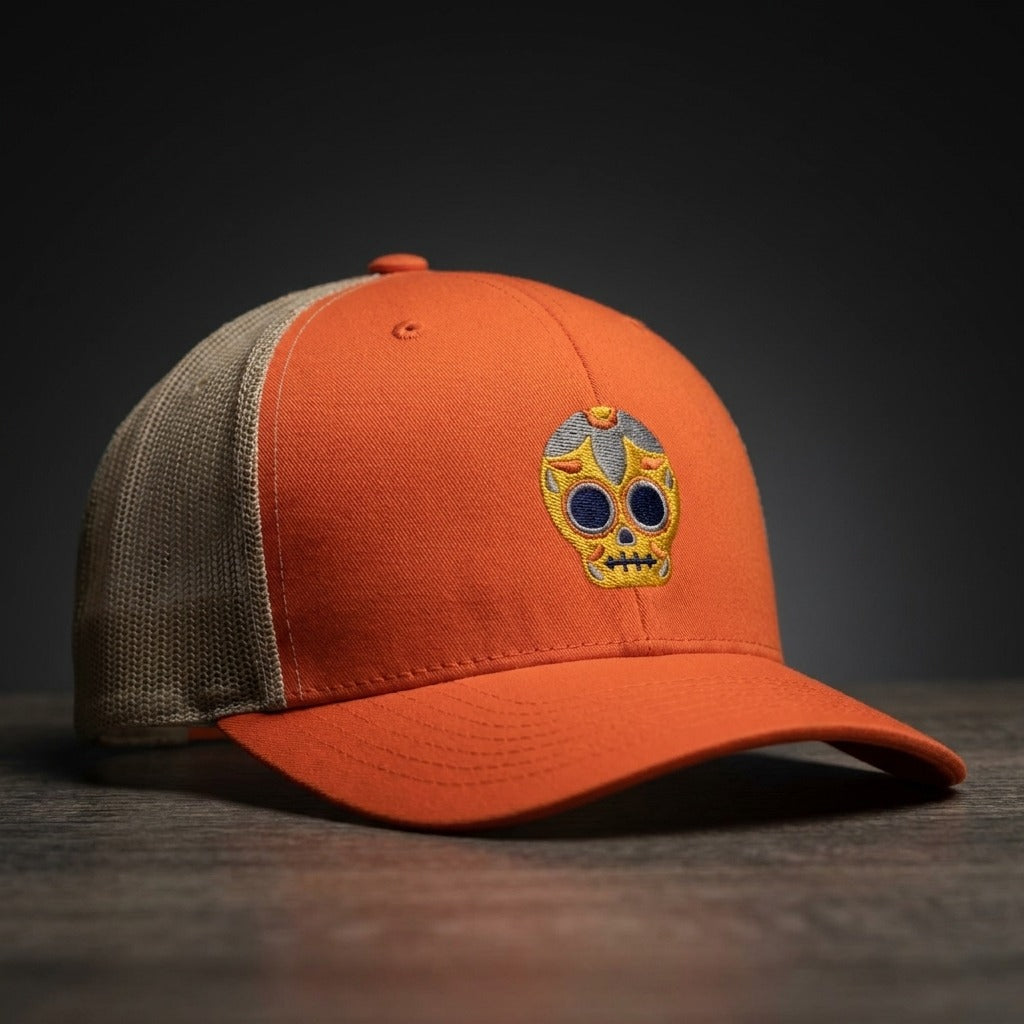 Casquette trucker Calavera Dorée Roux/Kaki avec logo brodé tête de mort mexicaine dorée - CHT'M Boutique