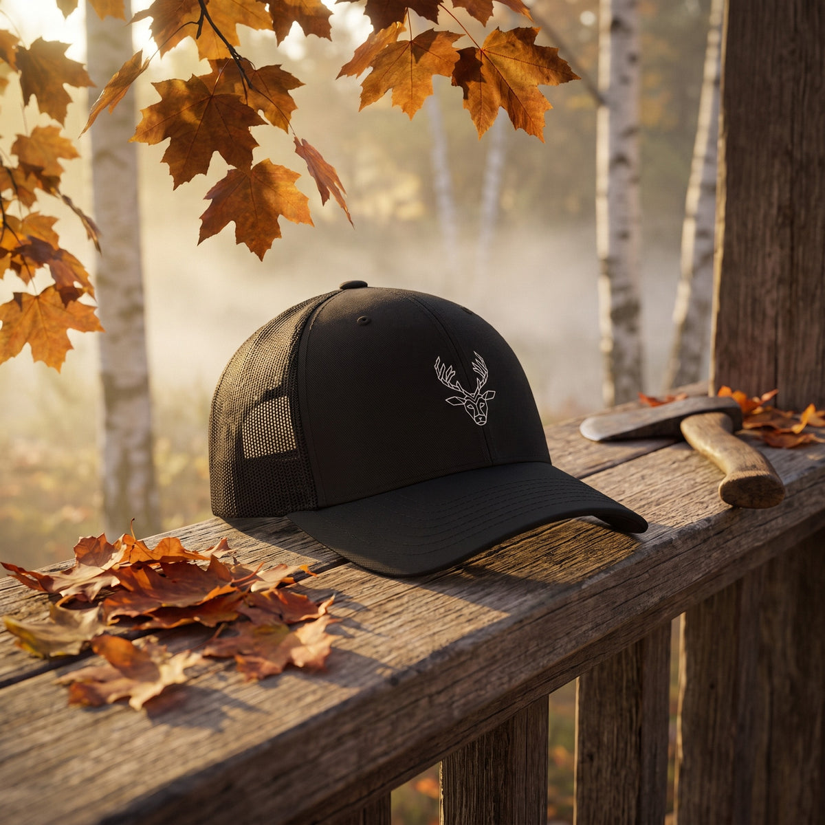 Casquette trucker CERF ORIGAMI - ambiance forêt automnale, chalet en bois