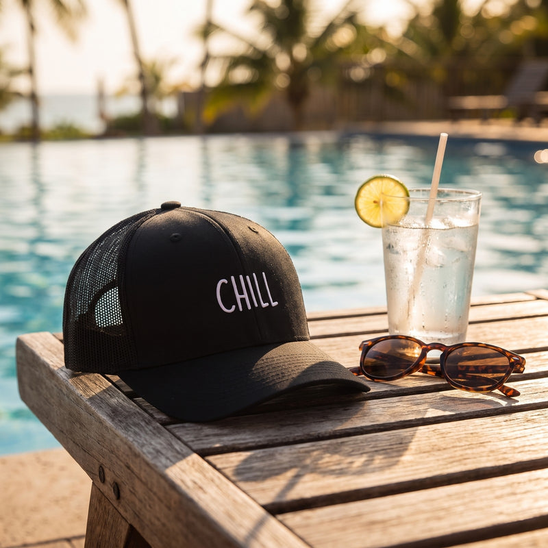 Casquette trucker noire brodée CHILL blanc posée sur une chaise longue en bois au bord d'une piscine avec lunettes de soleil et boisson fraîche - CHT'M Boutique