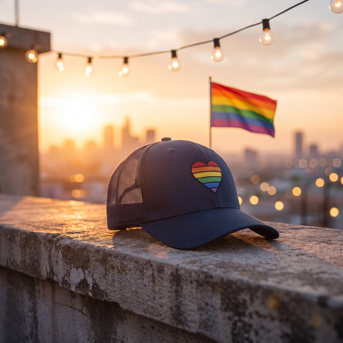 Casquette trucker brodée cœur arc-en-ciel LGBT sur un rooftop au coucher du soleil avec drapeau pride – CHT'M Boutique