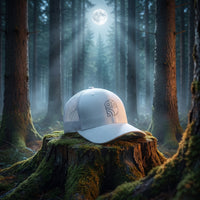 Casquette trucker Coolawls posée sur une souche en forêt de pins la nuit, ambiance clair de lune