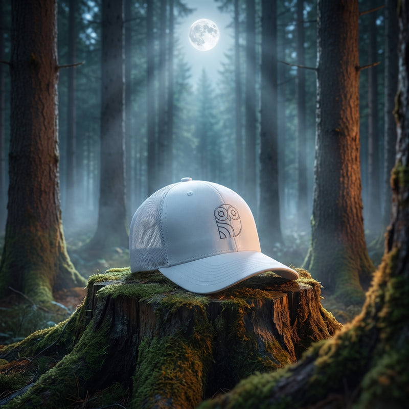 Casquette trucker Coolawls posée sur une souche en forêt de pins la nuit, ambiance clair de lune