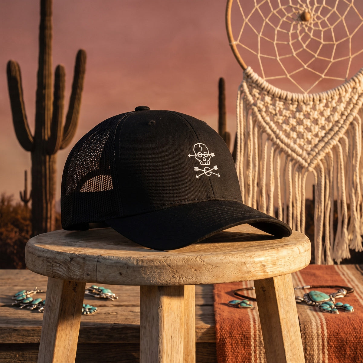 Casquette trucker Crâne Boho en ambiance désert bohème - style streetwear