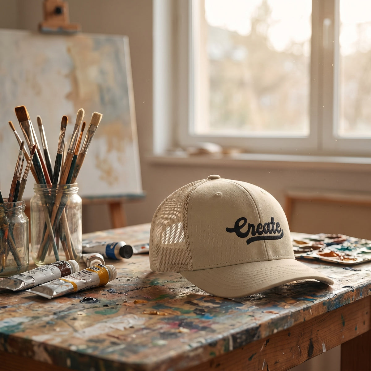 Casquette trucker kaki Create posée sur l'établi taché de peinture d'un atelier d'artiste, pinceaux et chevalet en arrière-plan
