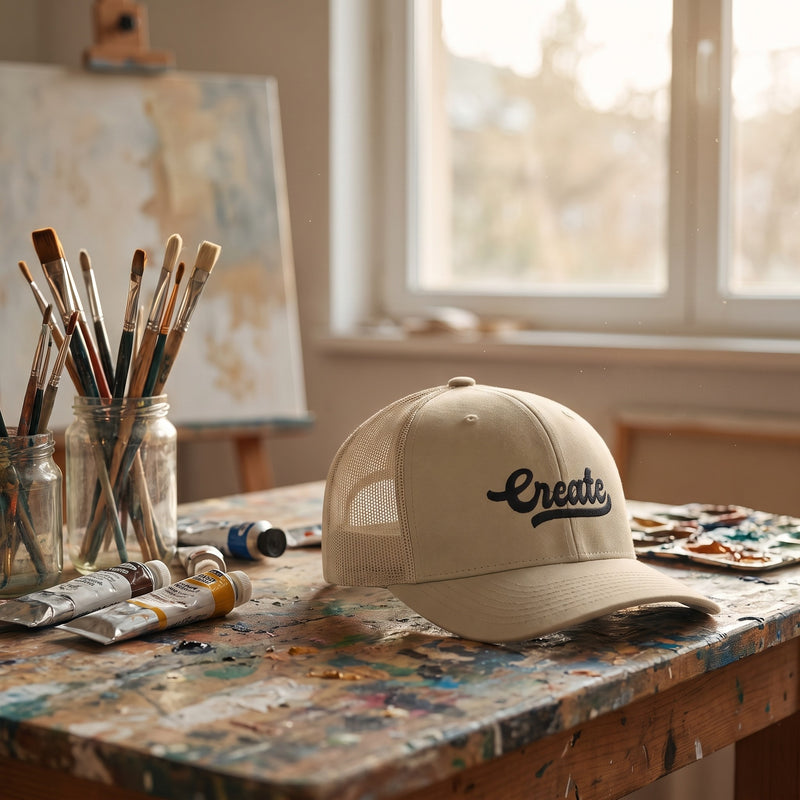Casquette trucker kaki Create posée sur l'établi taché de peinture d'un atelier d'artiste, pinceaux et chevalet en arrière-plan