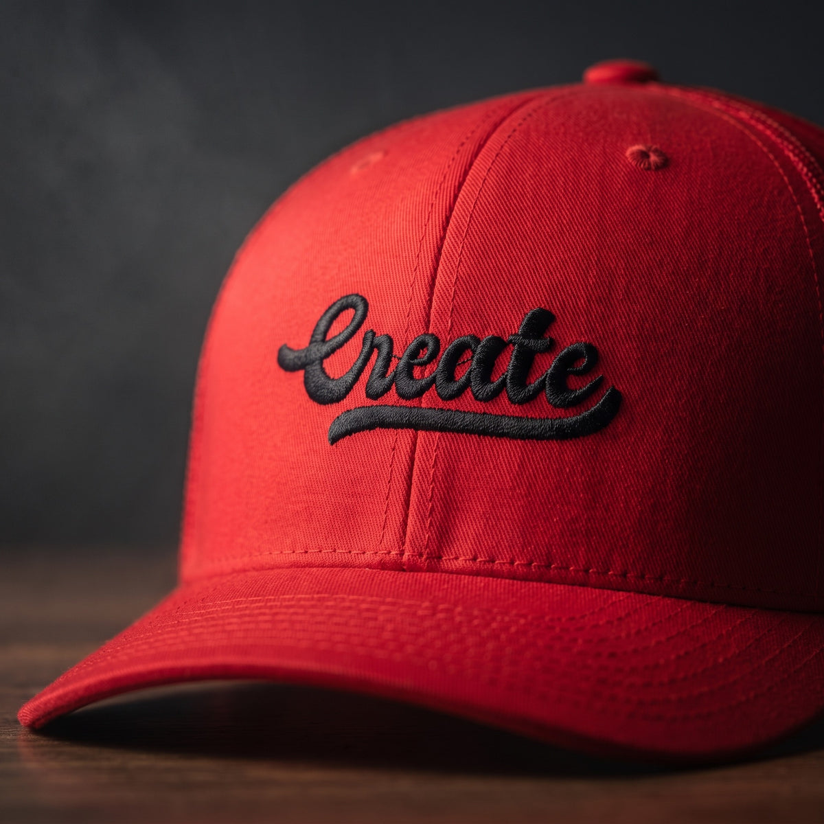 Gros plan sur la broderie noire en relief du mot Create sur une casquette trucker rouge