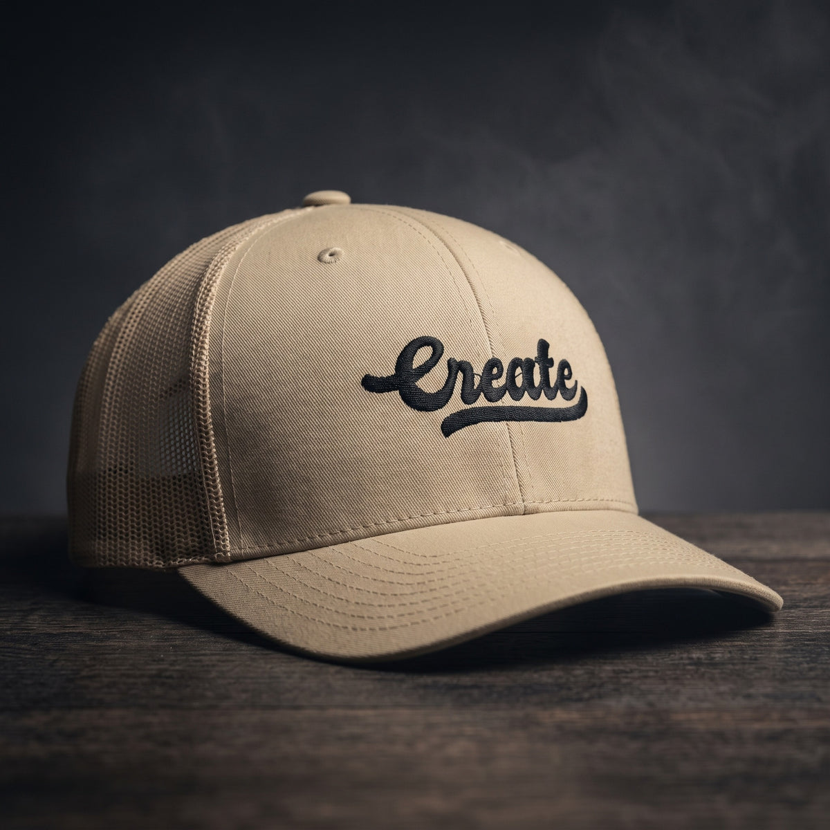 Casquette trucker kaki beige avec le mot Create brodé en noir en écriture manuscrite rétro, posée sur un plan de bois sombre