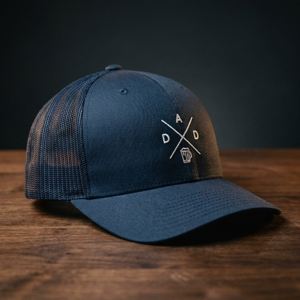 Casquette trucker DAD bleu marine avec logo brodé DAD et chope de bière - CHT'M Boutique