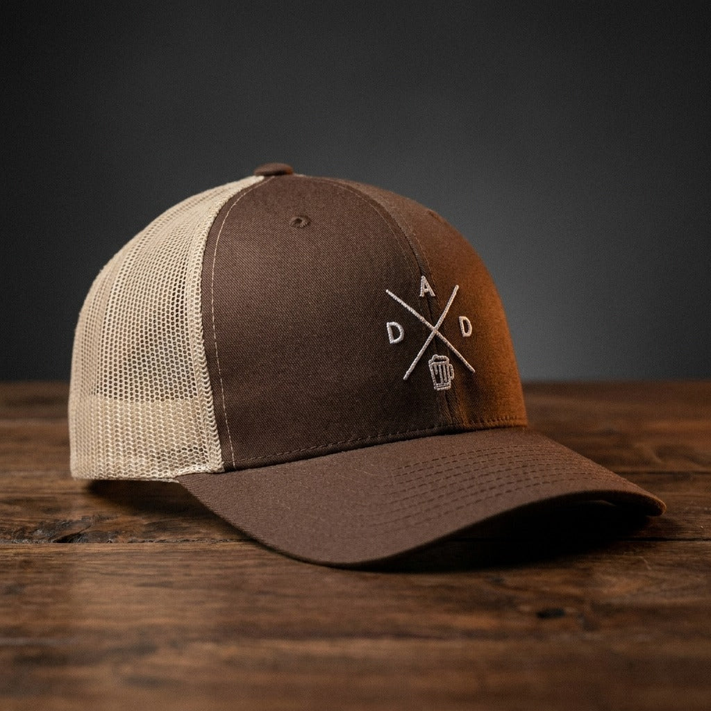 Casquette trucker DAD marron et kaki avec logo brodé DAD et chope de bière - CHT'M Boutique