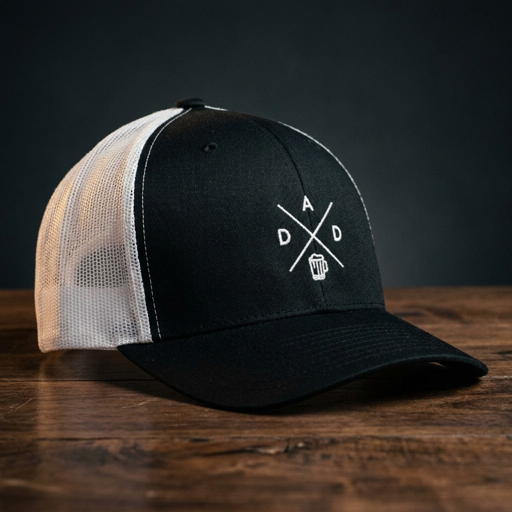 Casquette trucker DAD noir et blanc avec logo brodé DAD et chope de bière - CHT'M Boutique
