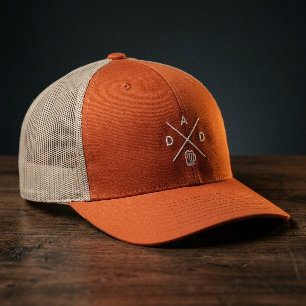 Casquette trucker DAD roux et kaki avec logo brodé DAD et chope de bière - CHT'M Boutique