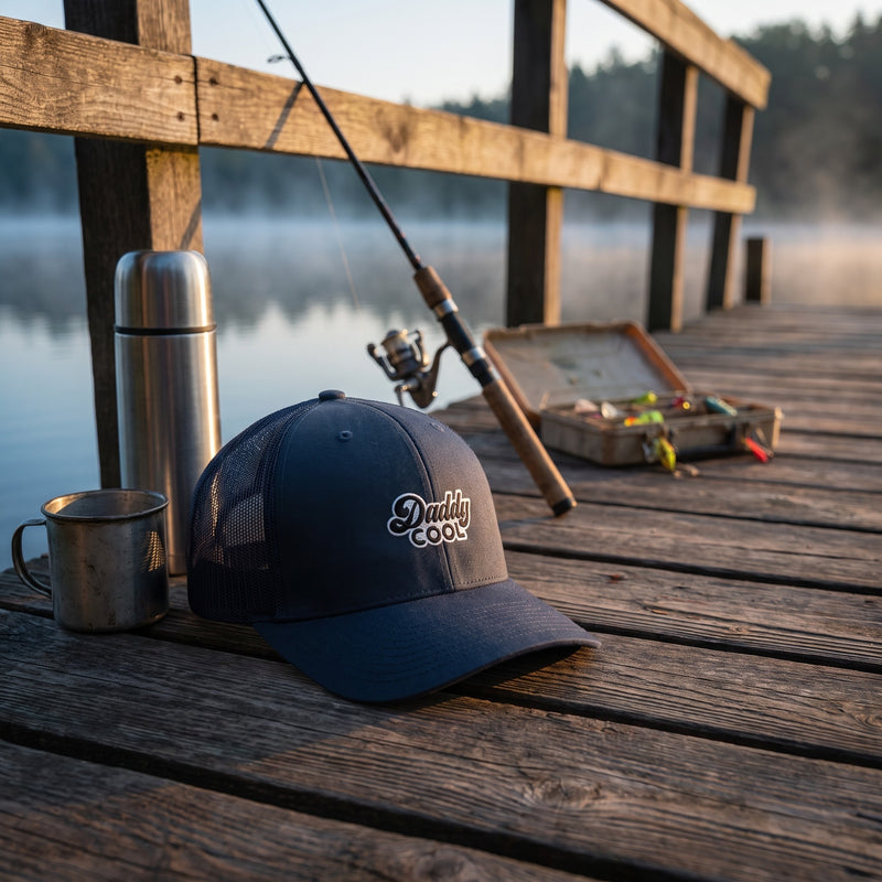 Casquette trucker Daddy Cool bleu marine sur un ponton de pêche à l'aube avec thermos et canne à pêche