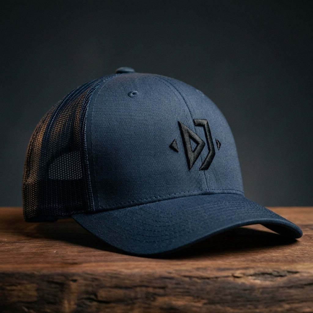 Casquette trucker DJ (3D Puff) bleu marine avec logo brodé géométrique noir - CHT'M Boutique