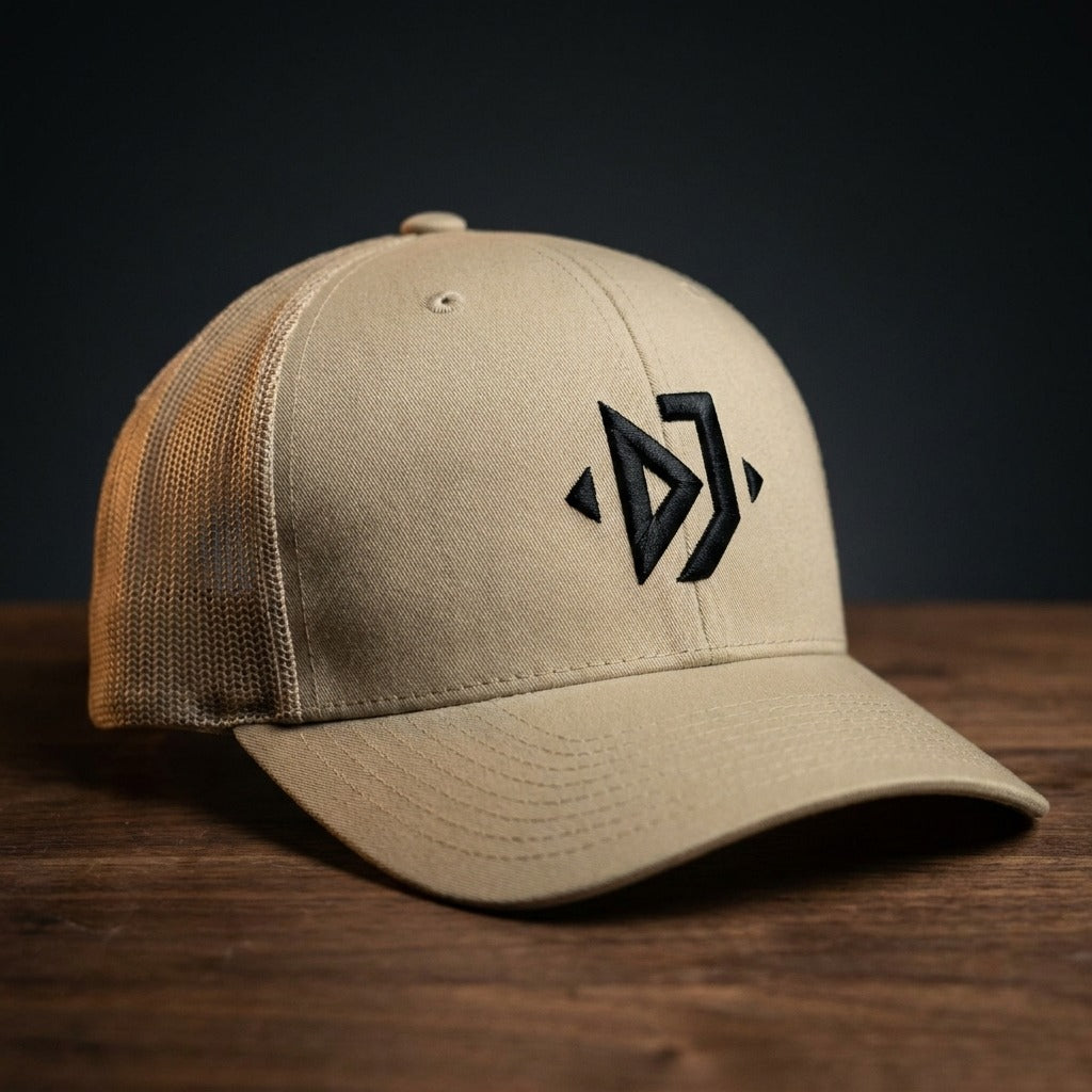 Casquette trucker DJ (3D Puff) kaki avec logo brodé géométrique noir - CHT'M Boutique