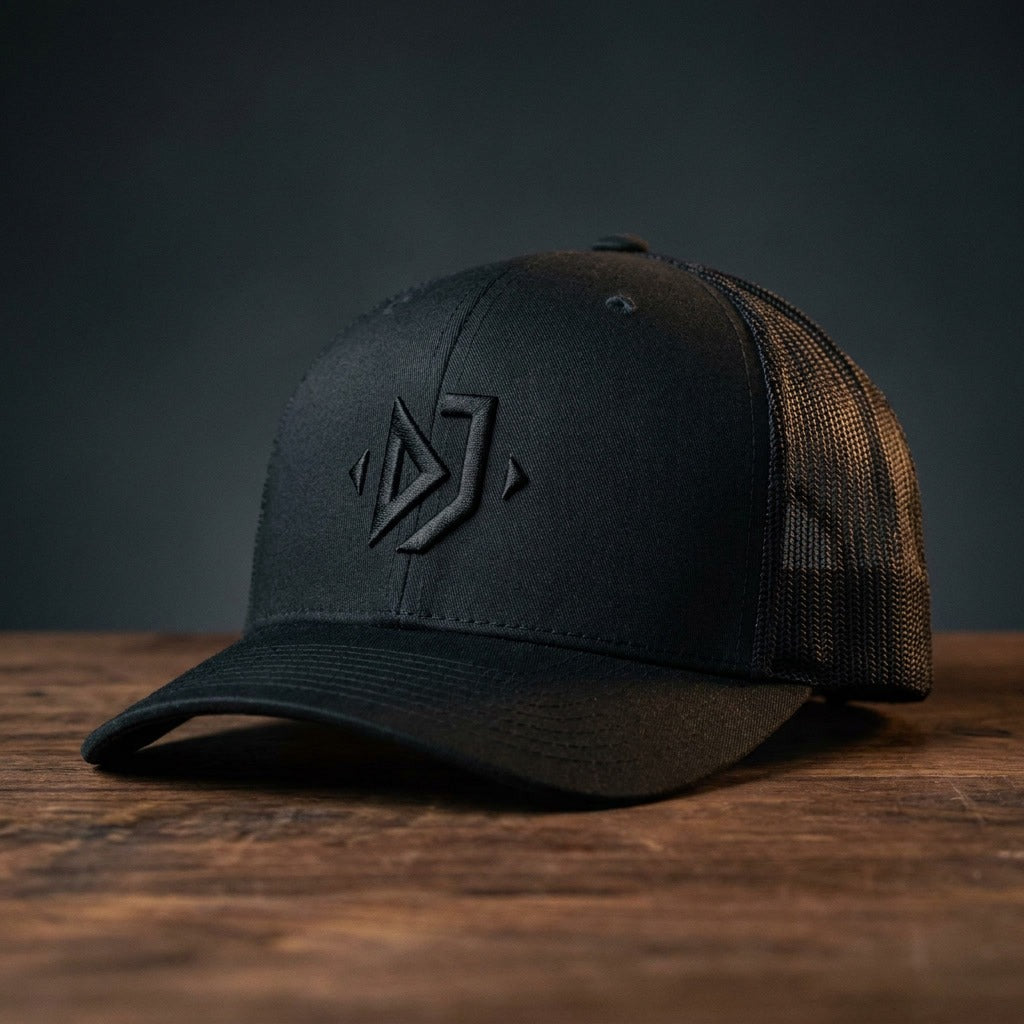 Casquette trucker DJ (3D Puff) noire avec logo brodé géométrique noir sur noir - CHT'M Boutique