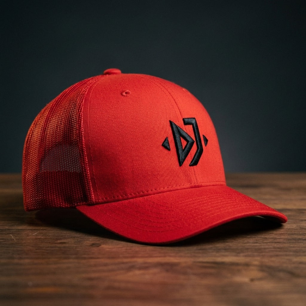Casquette trucker DJ (3D Puff) rouge avec logo brodé géométrique noir - CHT'M Boutique
