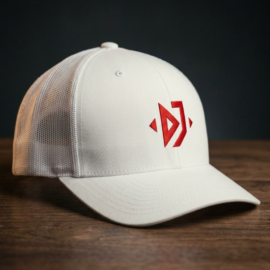 Casquette trucker DJ blanche avec logo brodé rouge géométrique - CHT'M Boutique