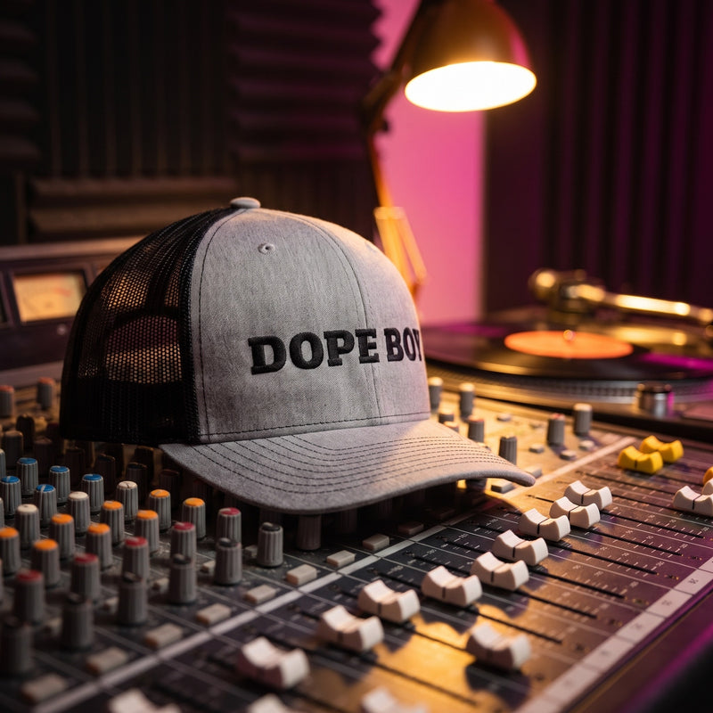 Casquette trucker DOPE BOY gris et noire posée sur la console de mixage d'un studio d'enregistrement hip-hop avec platine vinyle