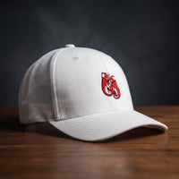 Casquette trucker blanche avec gants de boxe rouges brodés, posée sur un plan de bois sombre