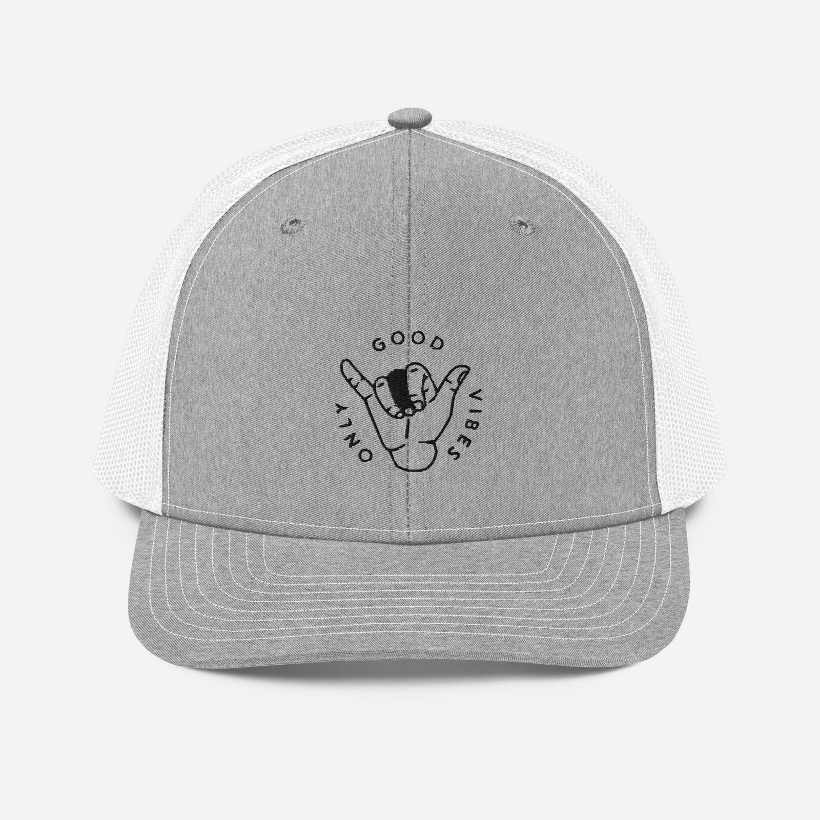 Casquette trucker Good Vibes Only gris chiné et blanc, shaka brodé noir, vue de face