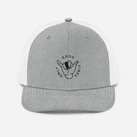 Casquette trucker Good Vibes Only gris chiné et blanc, shaka brodé noir, vue de face