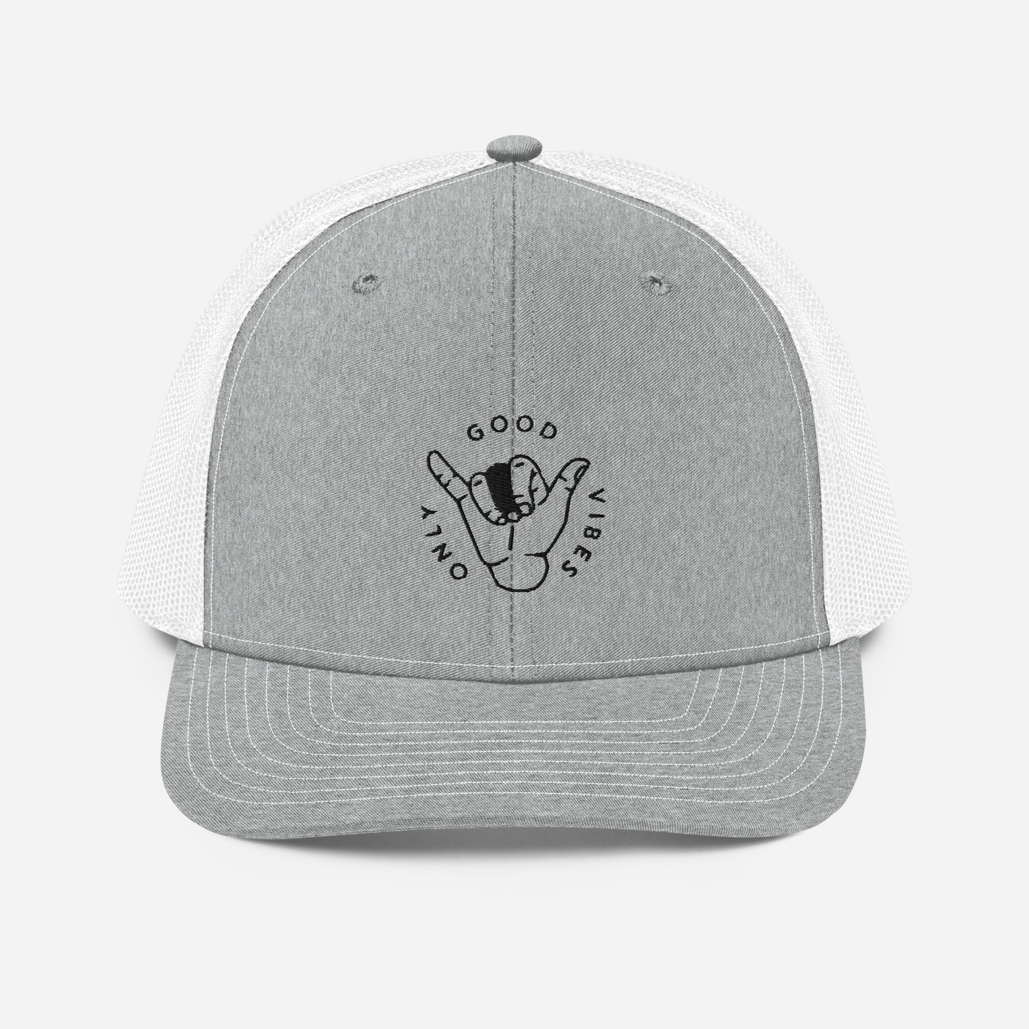 Casquette trucker Good Vibes Only gris chiné et blanc, shaka brodé noir, vue de face
