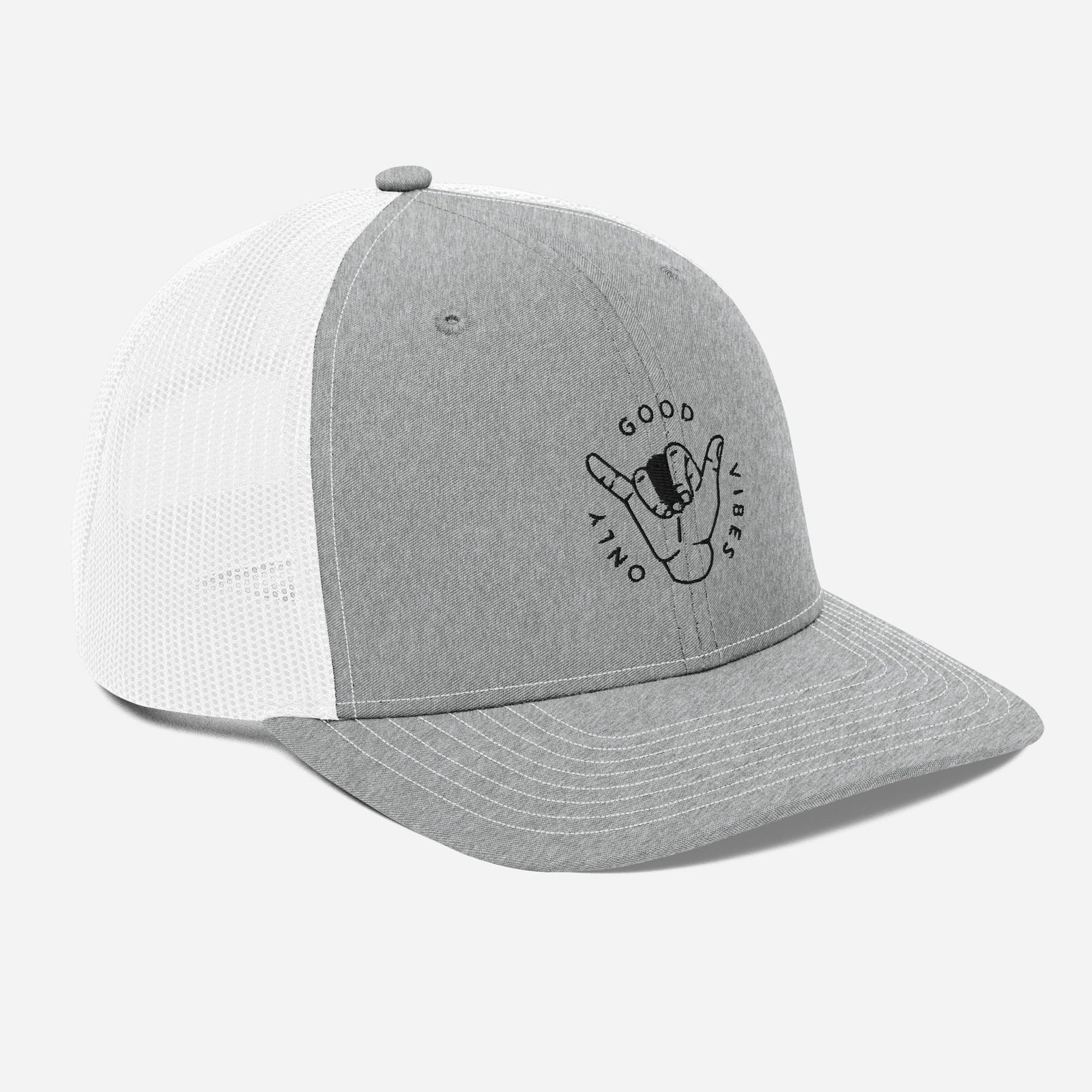 Casquette trucker Good Vibes Only gris chiné et blanc, vue trois quarts droite