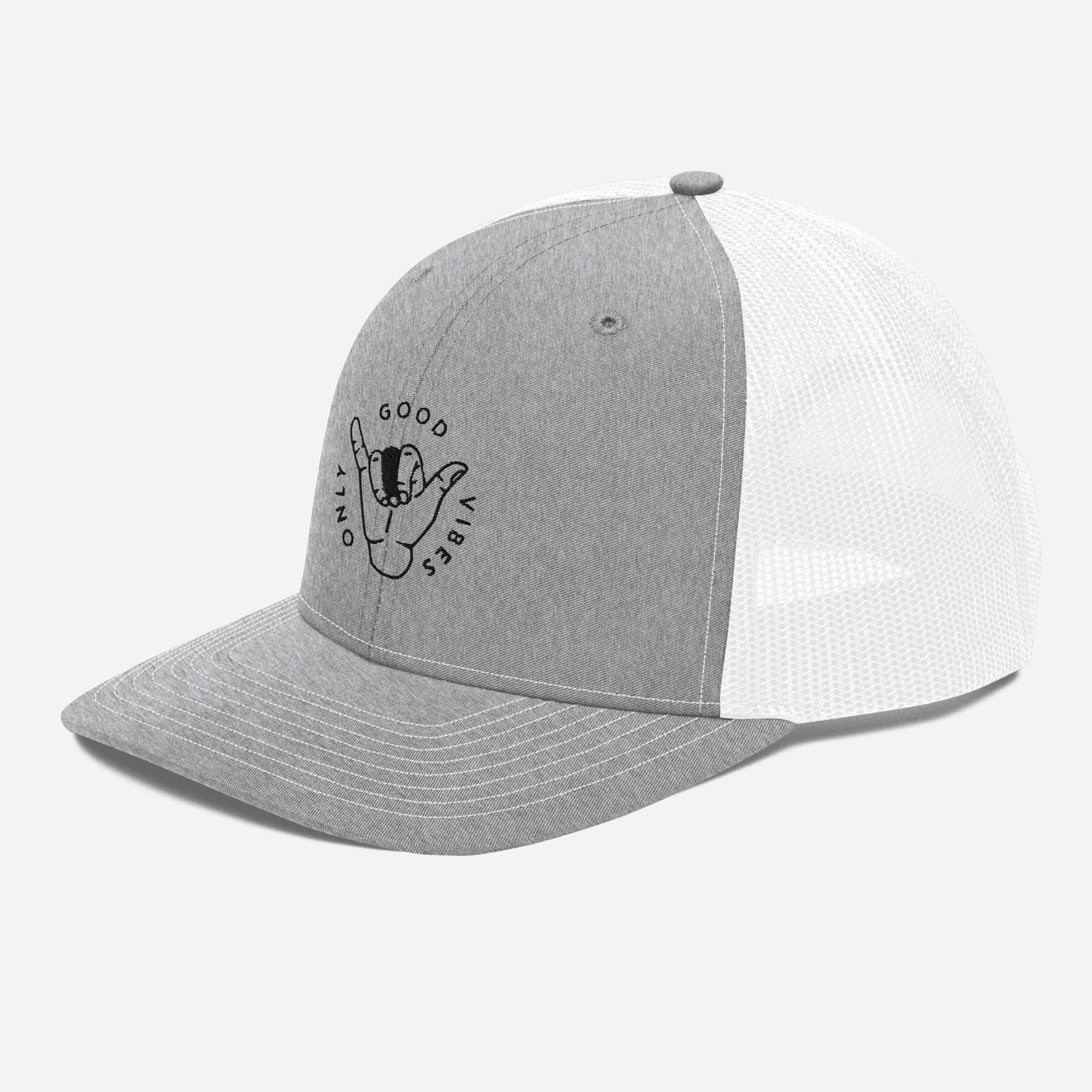 Casquette trucker Good Vibes Only gris chiné et blanc, vue trois quarts gauche