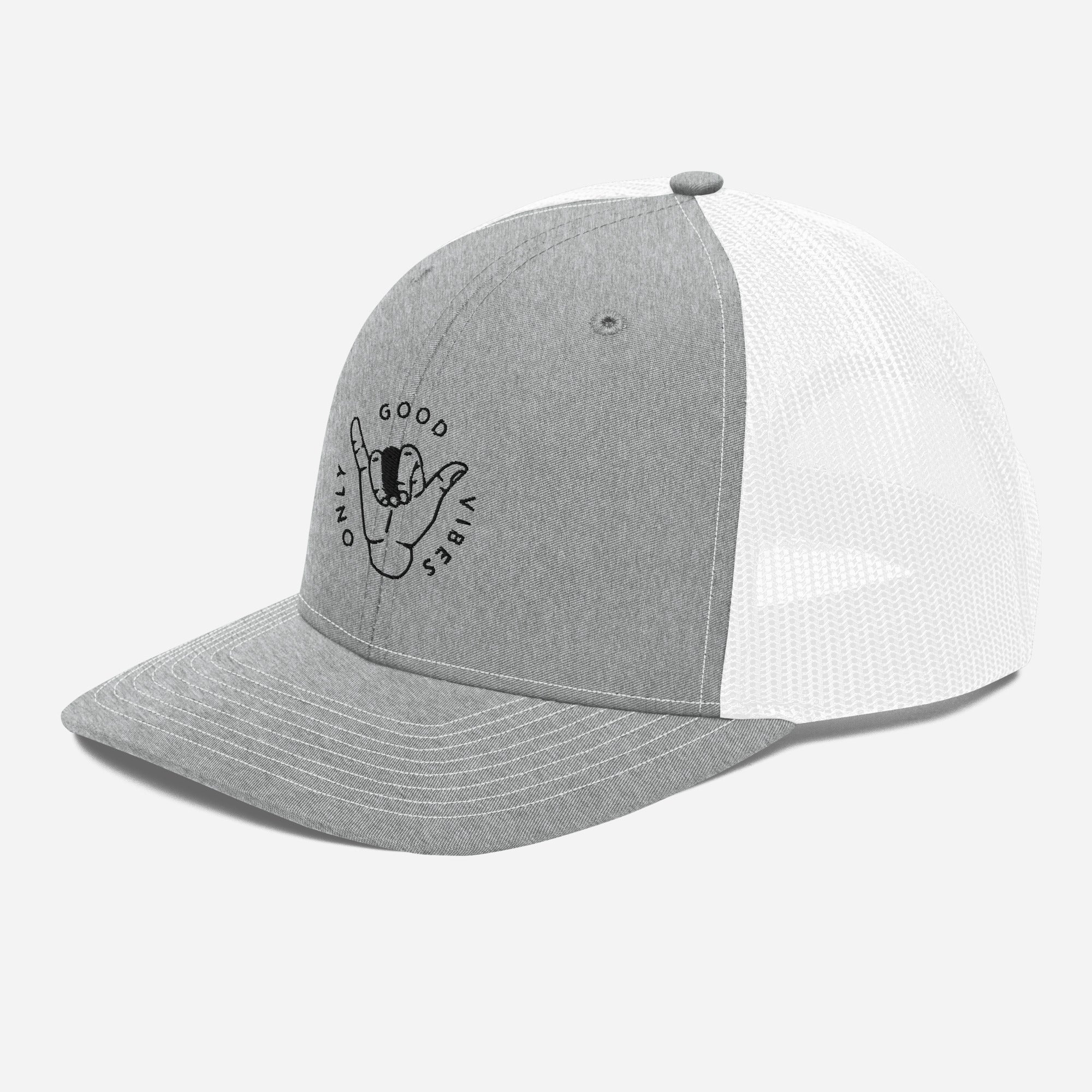 Casquette trucker Good Vibes Only gris chiné et blanc, vue trois quarts gauche