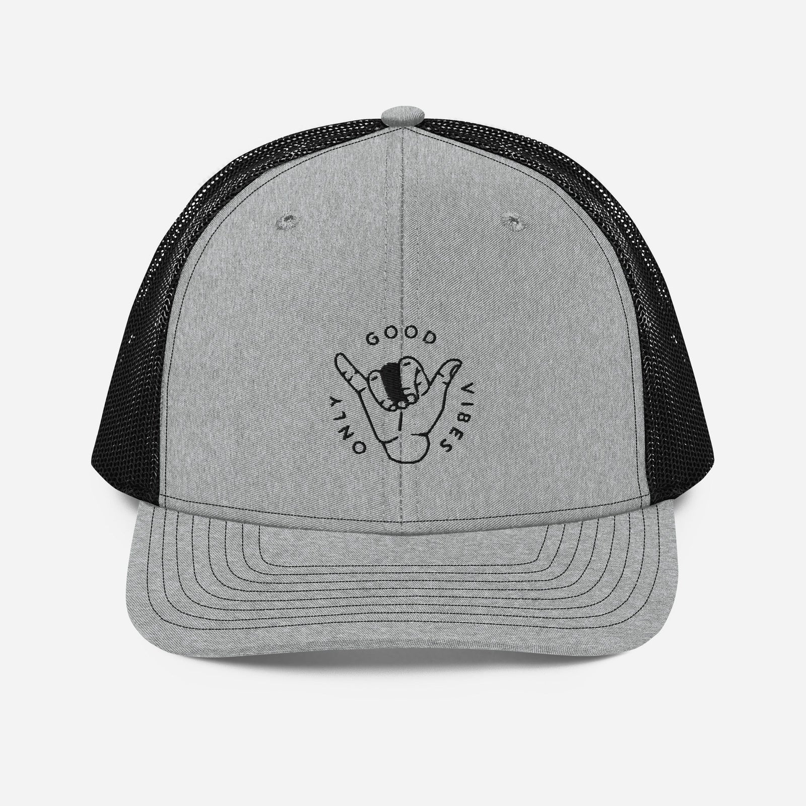 Casquette trucker Good Vibes Only gris chiné et noir, shaka brodé, vue de face