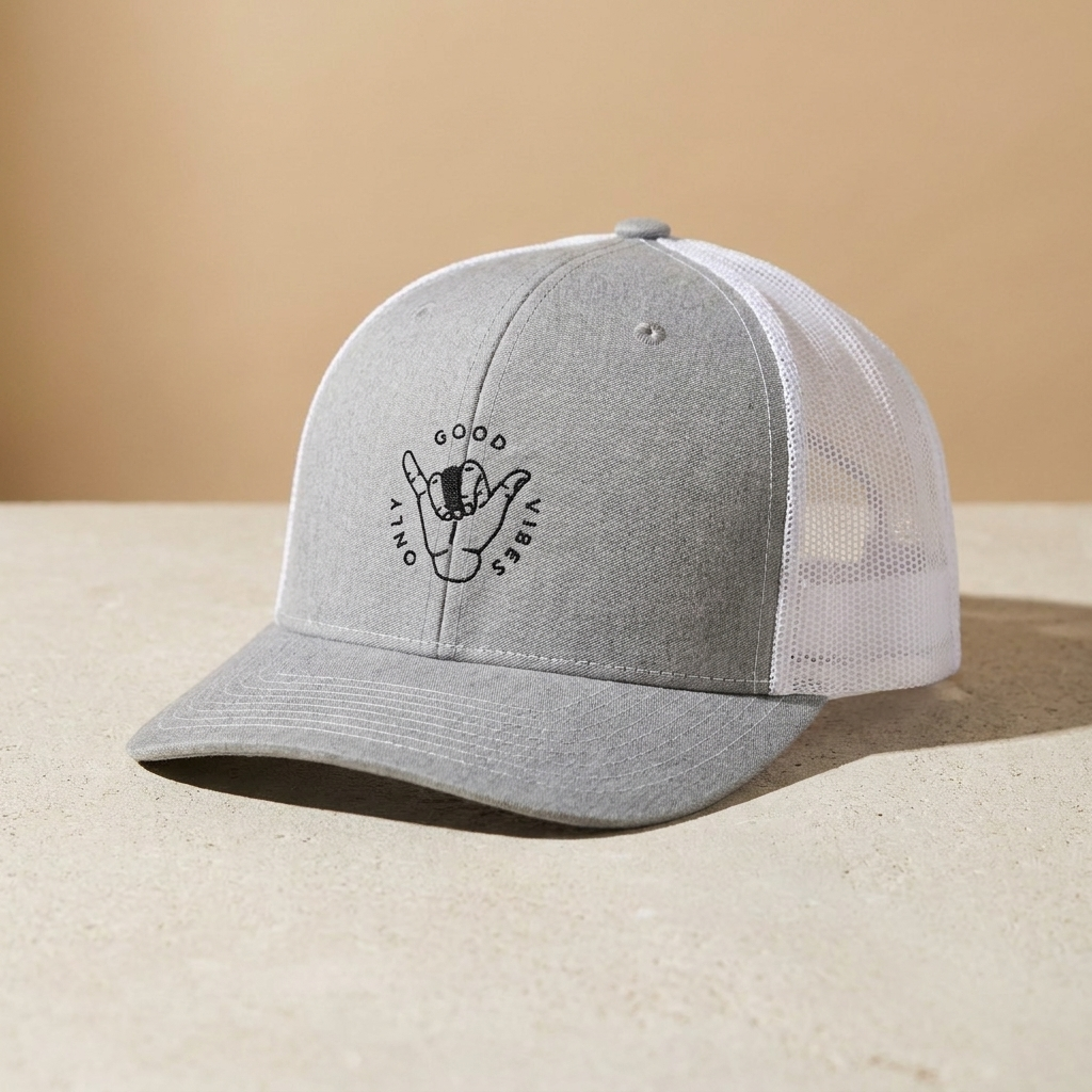 Casquette trucker Good Vibes Only non portée, vue trois quarts, broderie shaka visible
