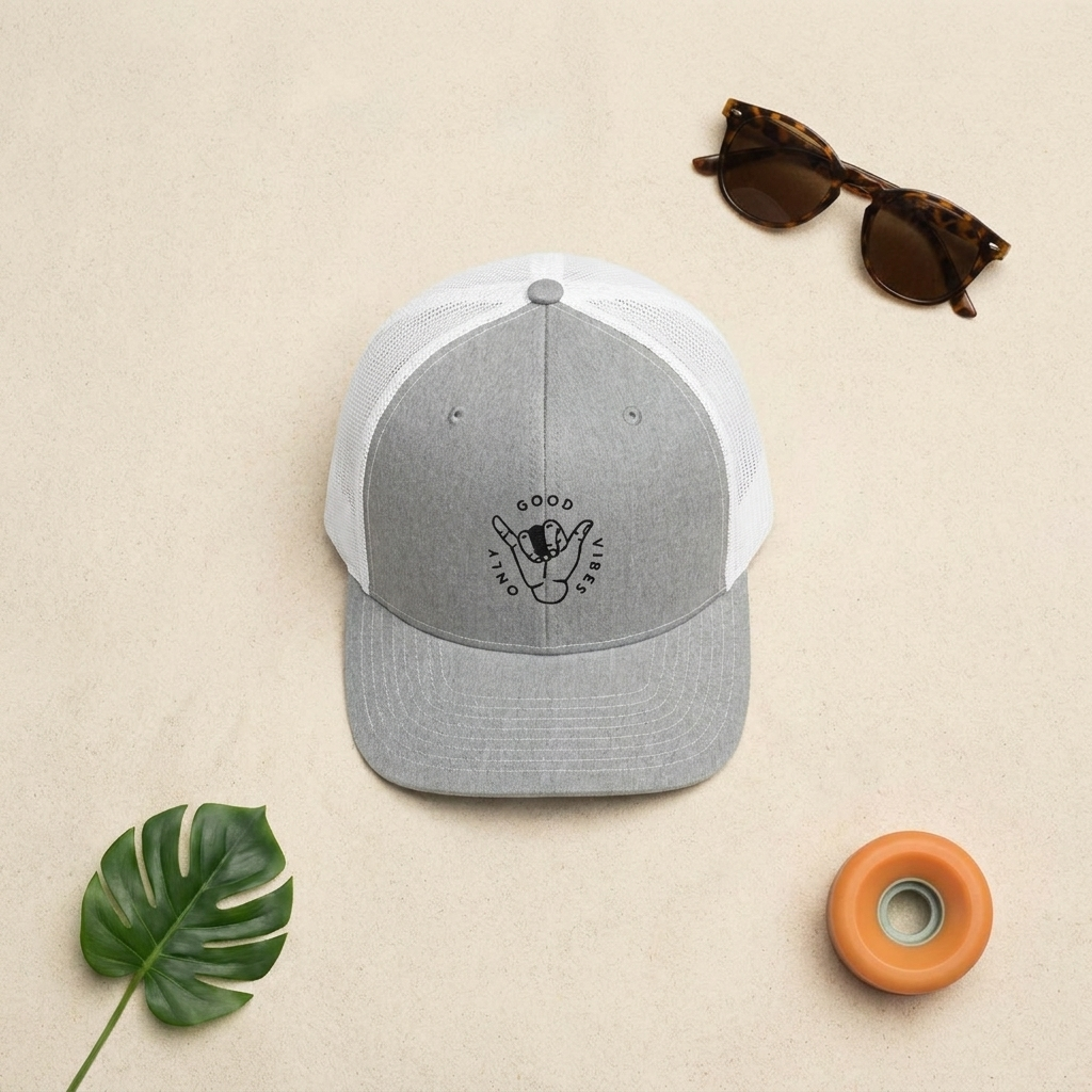 Casquette Good Vibes Only en flat lay estival avec lunettes de soleil et roue de skate